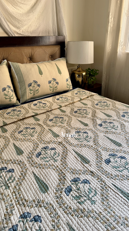 Blue Poppy Jaal Handblock Printed Reversible Straight Quilted Bedcover (Beige Base)