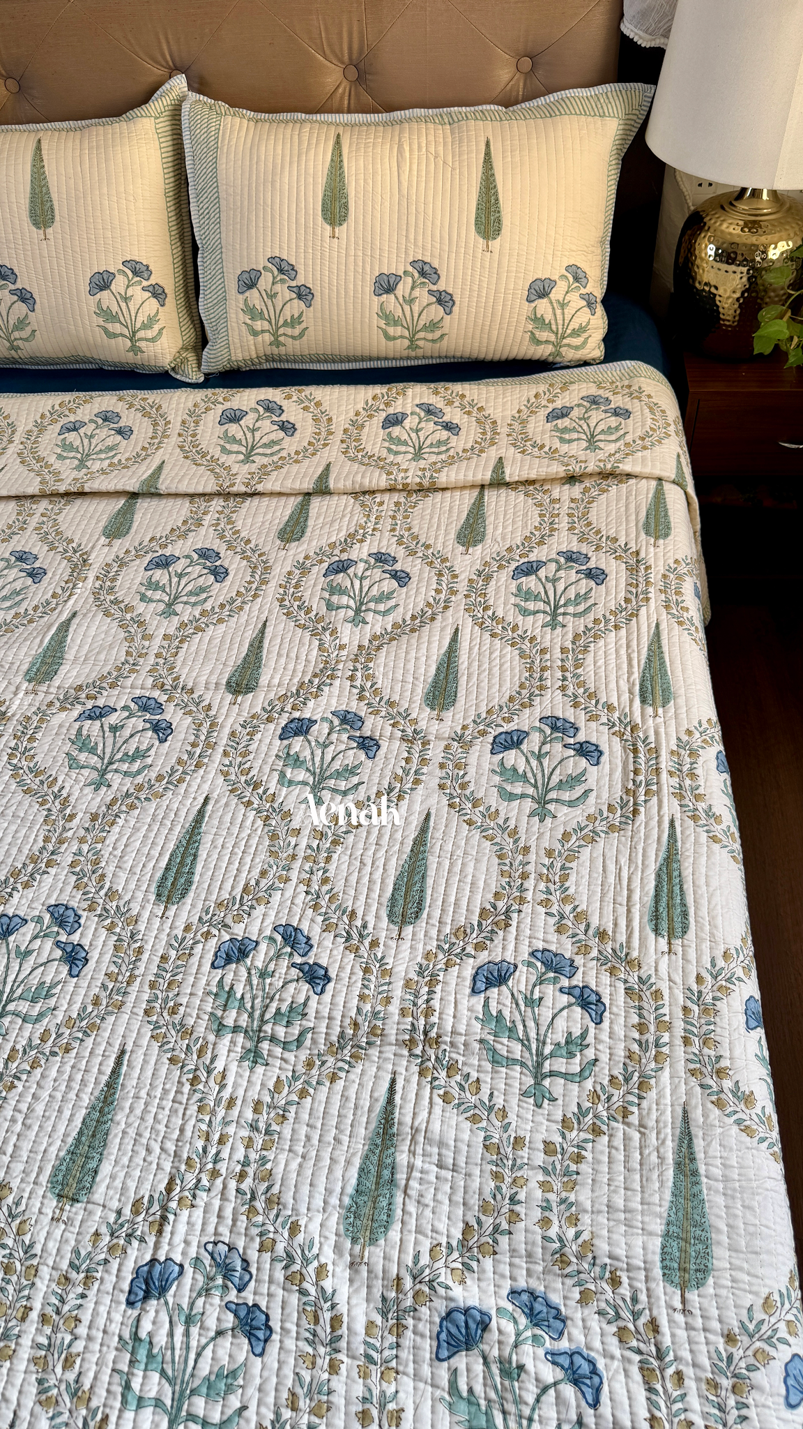 Blue Poppy Jaal Handblock Printed Reversible Straight Quilted Bedcover (Beige Base)