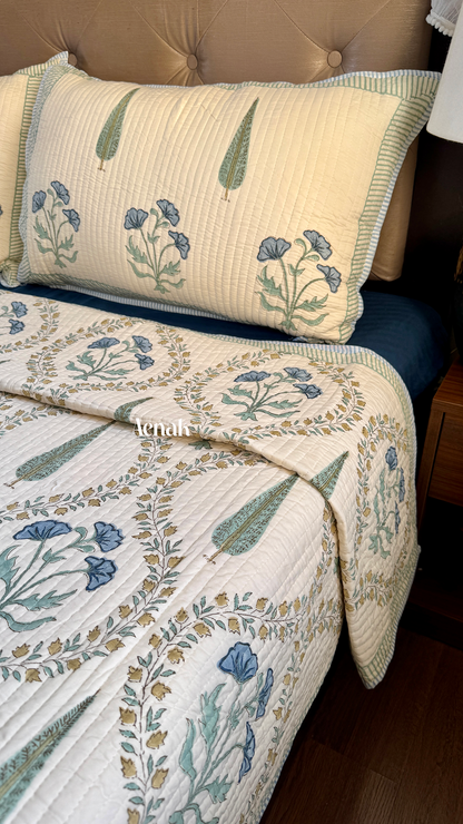 Blue Poppy Jaal Handblock Printed Reversible Straight Quilted Bedcover (Beige Base)