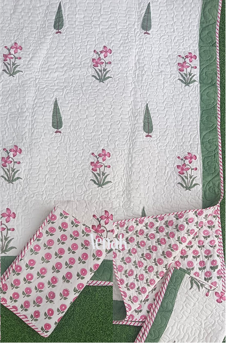 Pink Periwinkle Handblock Bedsheet + Quilted Bedcover Combo