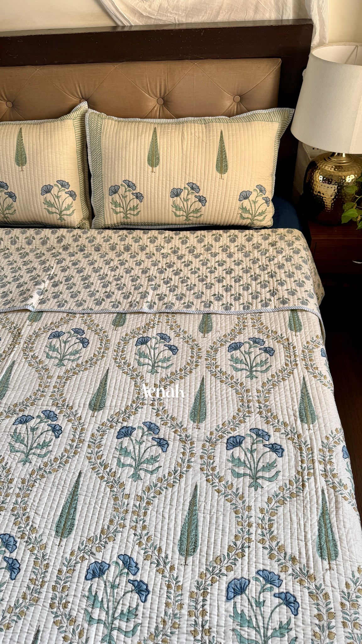 Blue Poppy Jaal Handblock Printed Reversible Straight Quilted Bedcover (Beige Base)