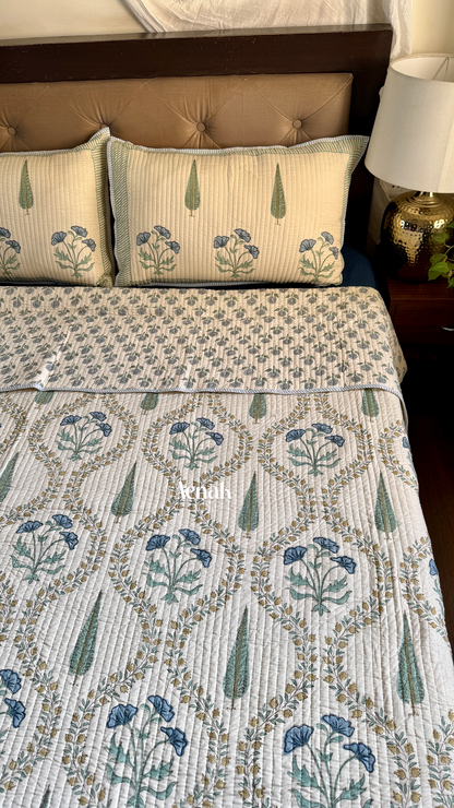 Blue Poppy Jaal Handblock Printed Reversible Straight Quilted Bedcover (Beige Base)