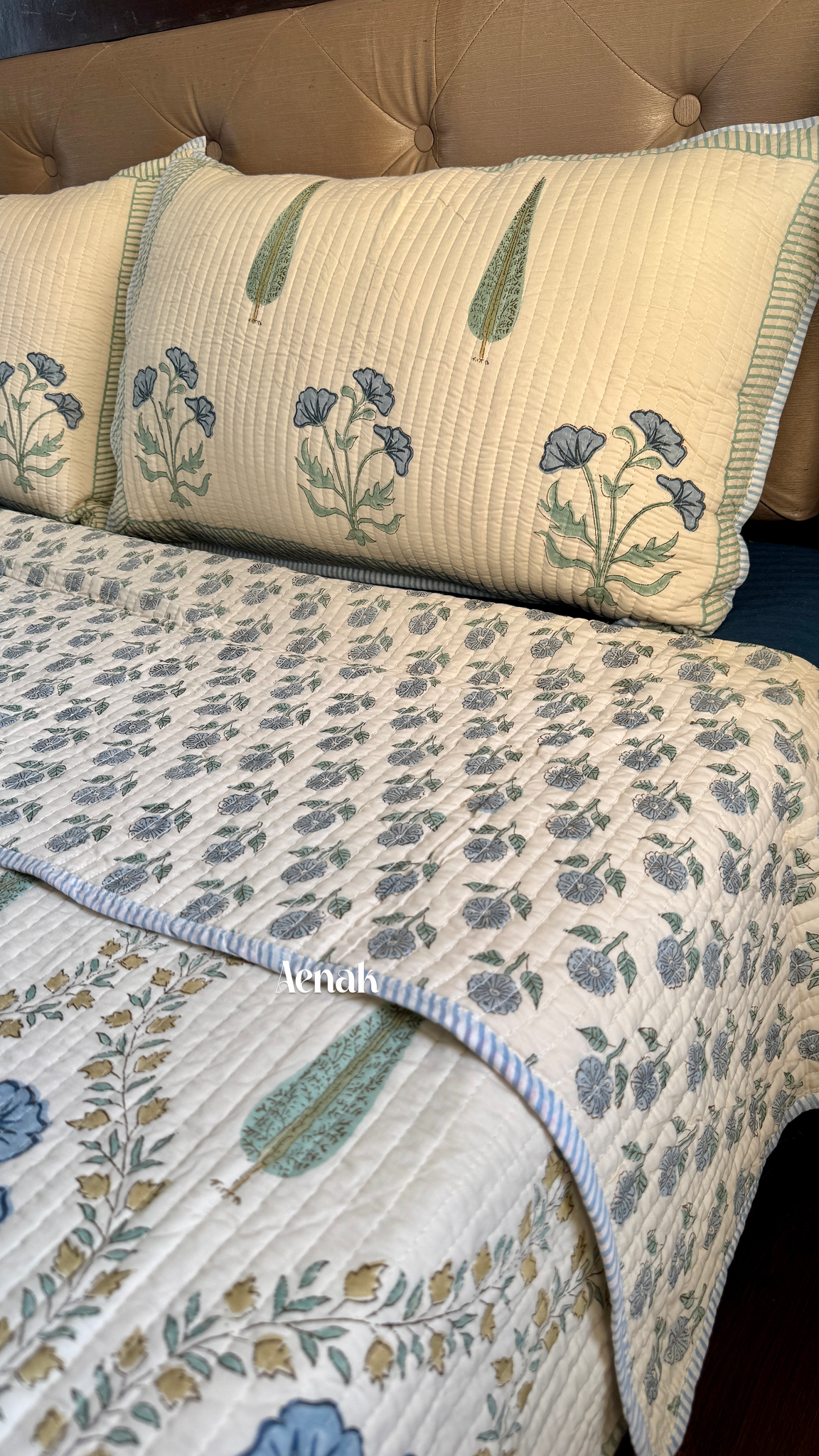 Blue Poppy Jaal Handblock Printed Reversible Straight Quilted Bedcover (Beige Base)