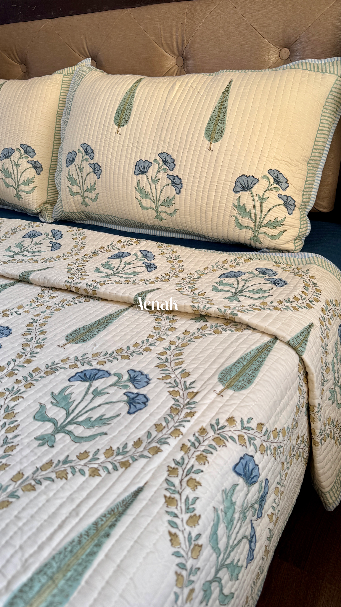 Blue Poppy Jaal Handblock Printed Reversible Straight Quilted Bedcover (Beige Base)