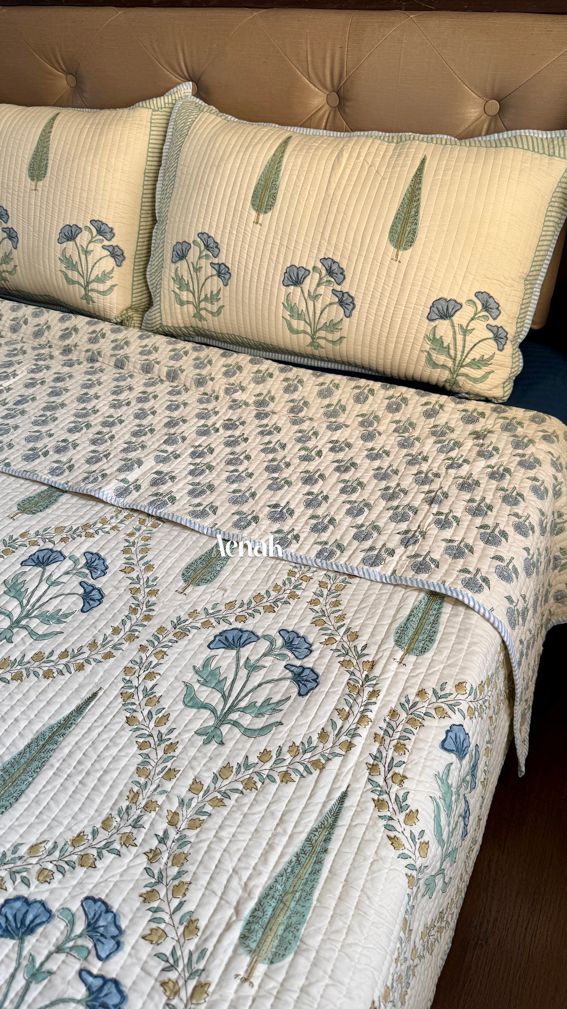 Blue Poppy Jaal Handblock Printed Reversible Straight Quilted Bedcover (Beige Base)