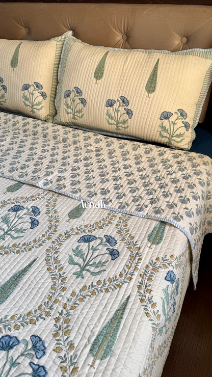 Blue Poppy Jaal Handblock Printed Reversible Straight Quilted Bedcover (Beige Base)
