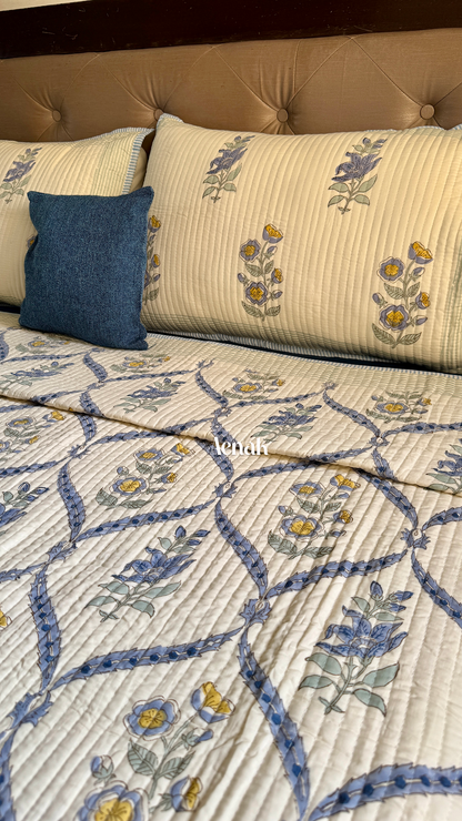 Blue Periwinkle Handblock Bedsheet + Straight Quilted Bedcover Combo Set (Beige Base)
