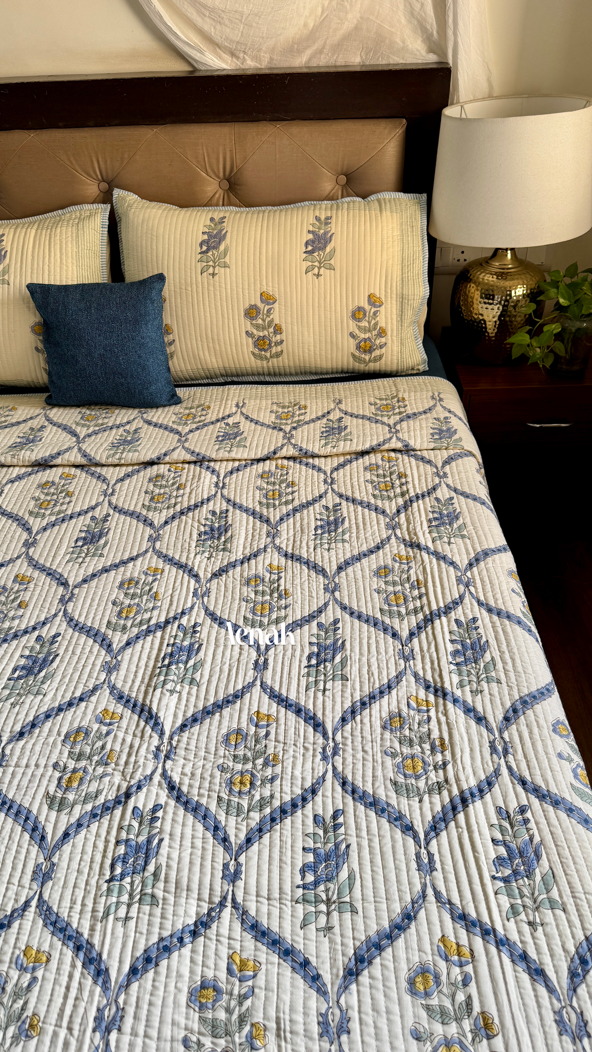 Blue Poppy Jaal Handblock Printed Reversible Straight Quilted Bedcover (Beige Base)