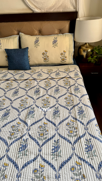 Blue Poppy Jaal Handblock Printed Reversible Straight Quilted Bedcover (Beige Base)