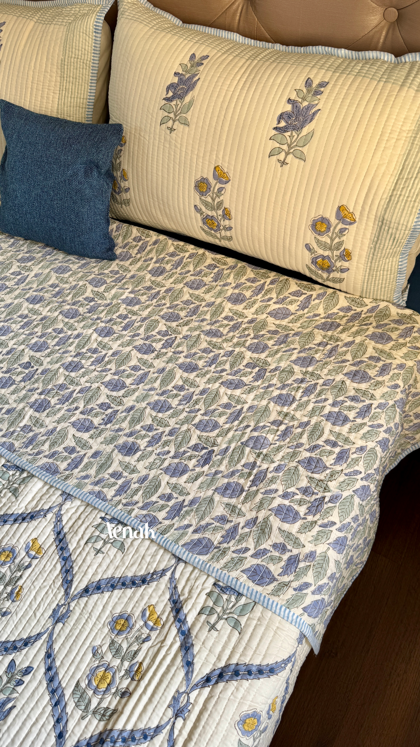 Blue Periwinkle Handblock Printed Reversible Straight Quilted Bedcover Set (Beige Base)