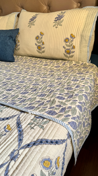 Blue Periwinkle Handblock Bedsheet + Straight Quilted Bedcover Combo Set (Beige Base)