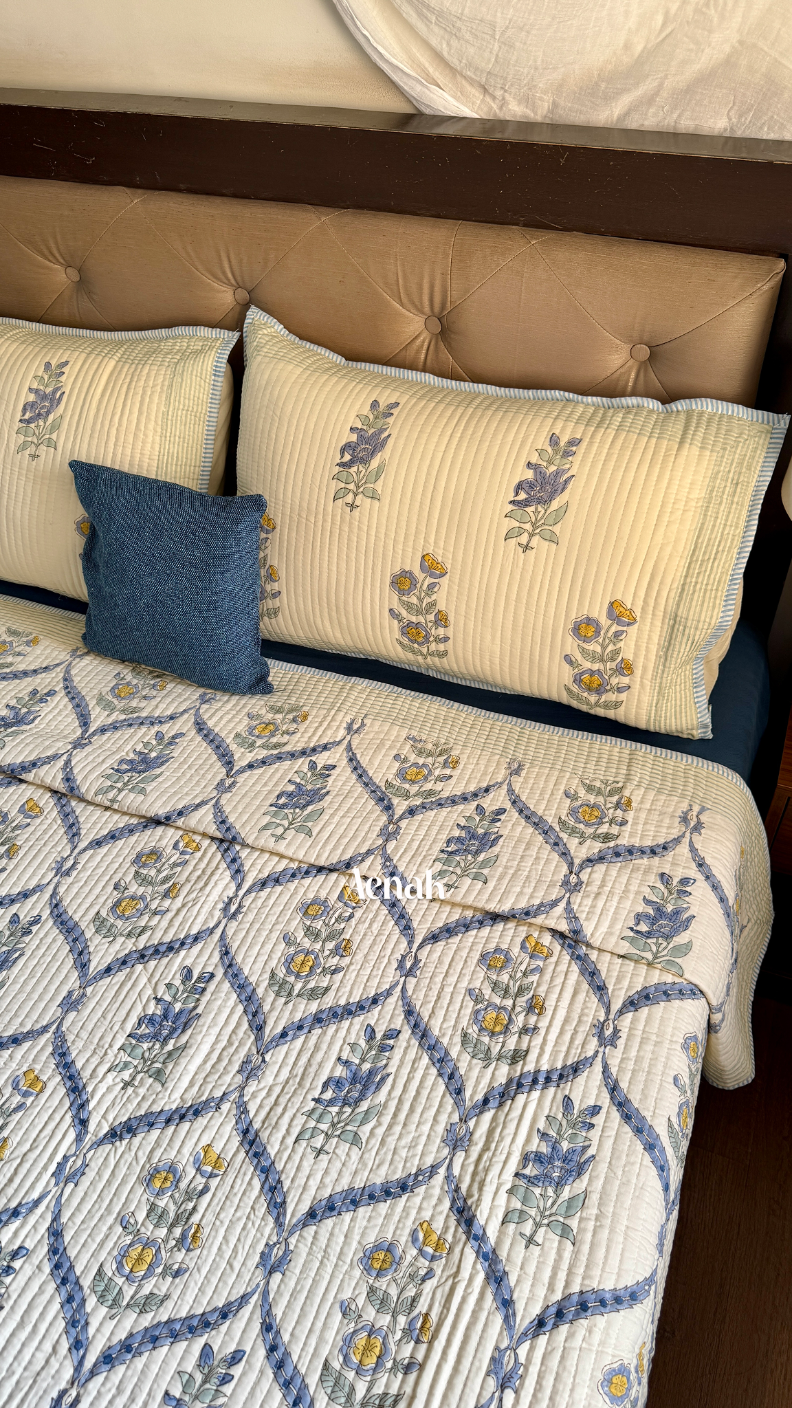 Blue Periwinkle Handblock Bedsheet + Straight Quilted Bedcover Combo Set (Beige Base)