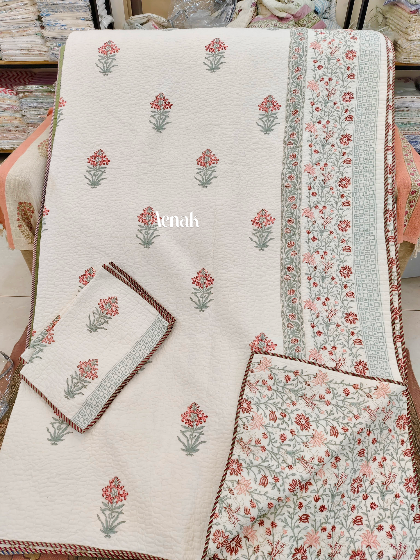 Red Periwinkle Handblock Printed Reversible Quilted Bedcover -105 x108