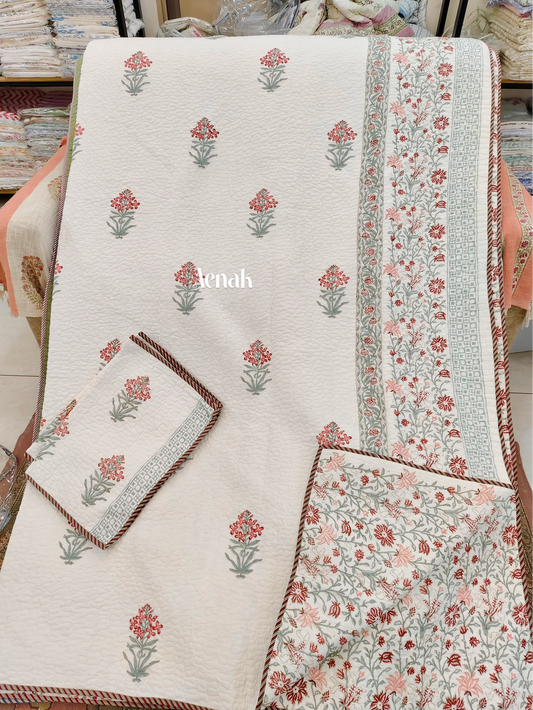 Red Periwinkle Handblock Printed Reversible Quilted Bedcover -105 x108