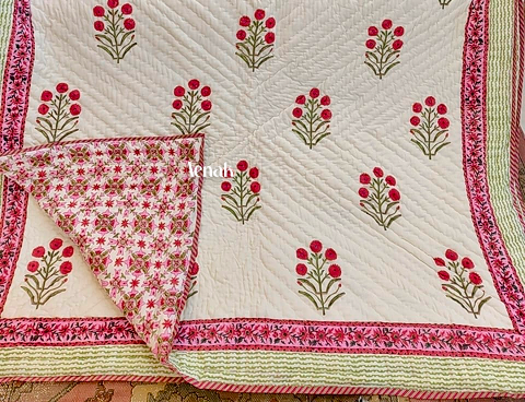 Pink Floral Boota Handblock Reversible Mulmul Cotton Single Quilt