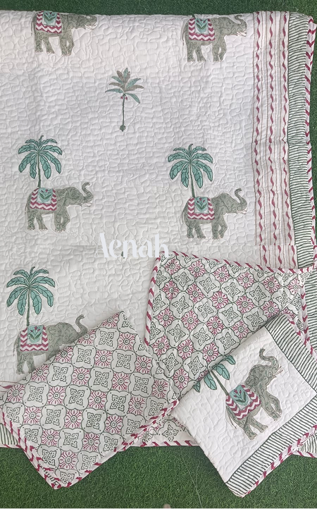 Grey Elephant Handblock Bedsheet + Quilted Bedcover Combo