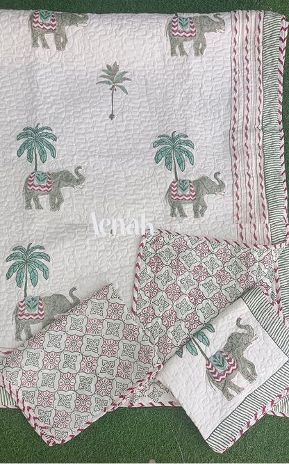 Grey Elephant Handblock Bedsheet + Quilted Bedcover Combo