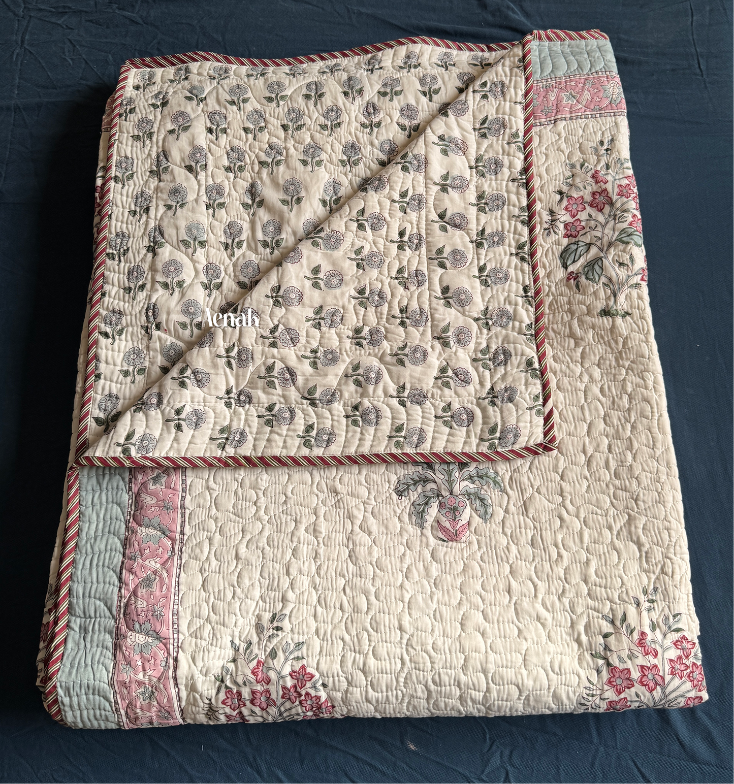 Pink Floral Green Palm Handblock Printed Reversible Quilted Bedcover