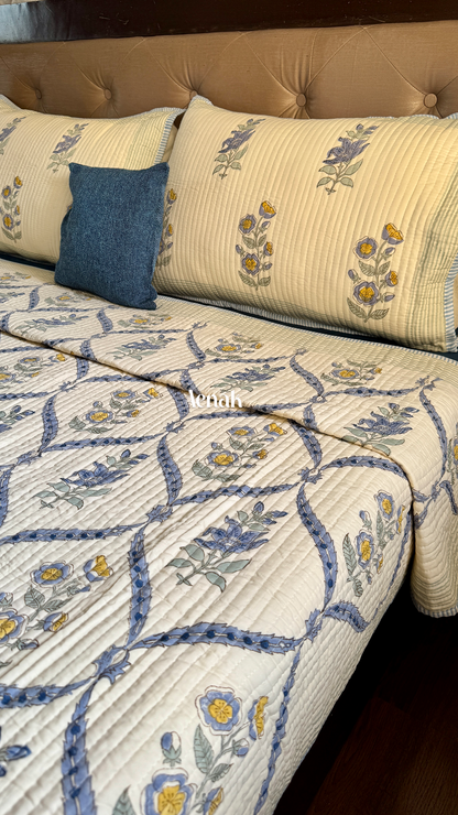 Blue Periwinkle Handblock Bedsheet + Straight Quilted Bedcover Combo Set (Beige Base)