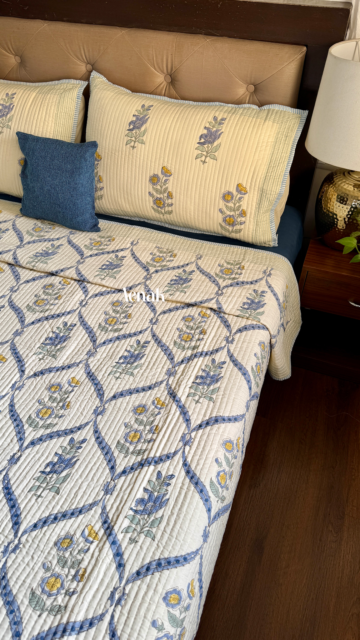 Blue Periwinkle Handblock Bedsheet + Straight Quilted Bedcover Combo Set (Beige Base)