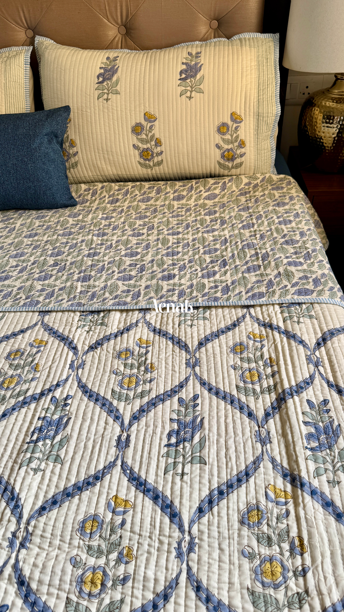 Blue Periwinkle Handblock Bedsheet + Straight Quilted Bedcover Combo Set (Beige Base)