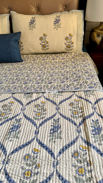 Blue Periwinkle Handblock Bedsheet + Straight Quilted Bedcover Combo Set (Beige Base)