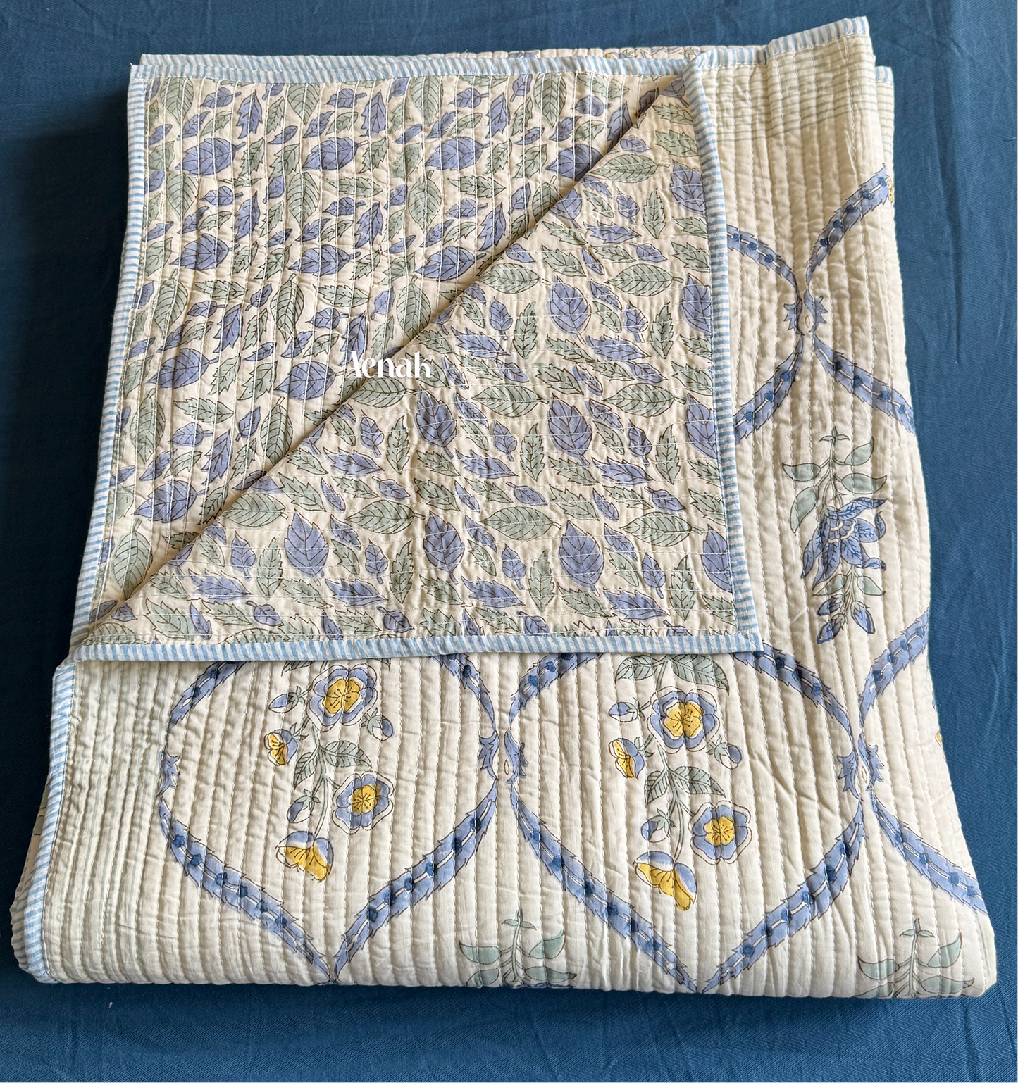 Blue Periwinkle Handblock Bedsheet + Straight Quilted Bedcover Combo Set (Beige Base)