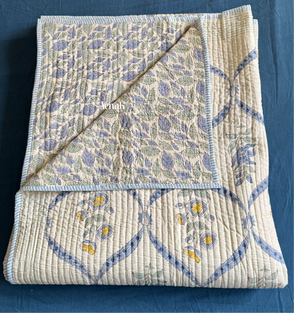 Blue Periwinkle Handblock Bedsheet + Straight Quilted Bedcover Combo Set (Beige Base)