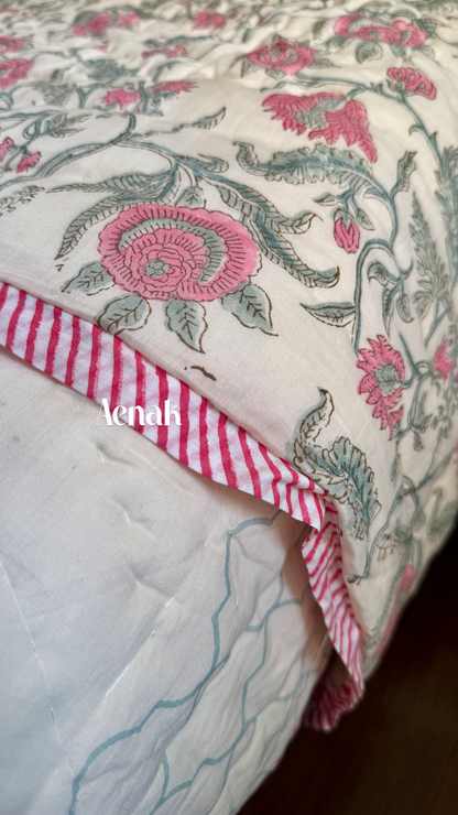 Green Ashoka Handblock Printed Reversible Mulmul Cotton Quilt (Beige Base)