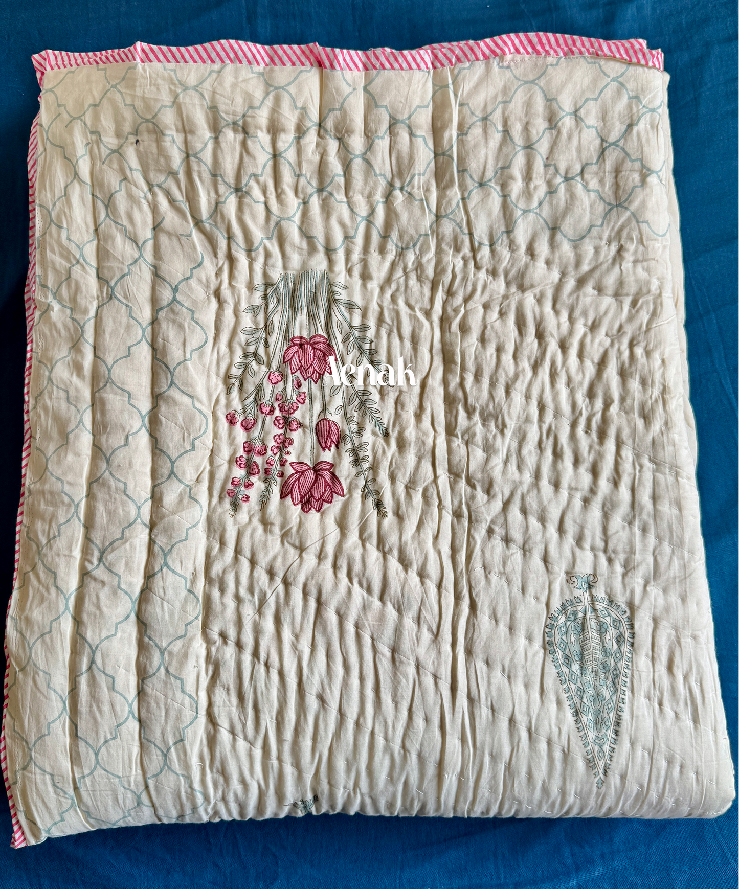 Green Ashoka Handblock Printed Reversible Mulmul Cotton Quilt (Beige Base)