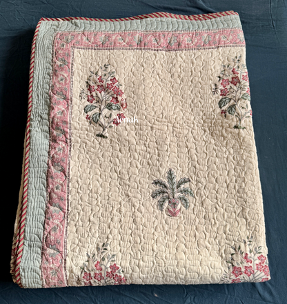 Pink Floral Green Palm Handblock Printed Reversible Quilted Bedcover