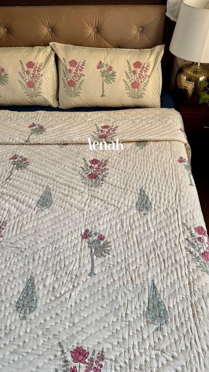 Green Ashoka Handblock Printed Reversible Mulmul Cotton Quilt (Beige Base)