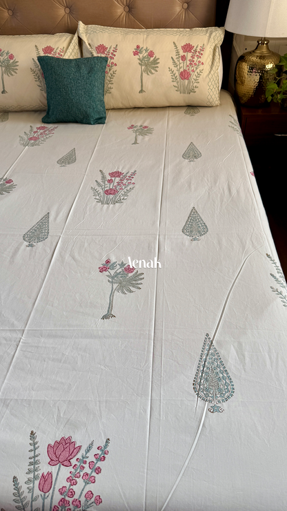 Green Ashoka Handblock Bedsheet + Straight Quilted Bedcover Combo (Beige Base)