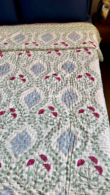 Pink Poppy Handblock Printed Reversible Mulmul Cotton Quilt (Light Beige Base)