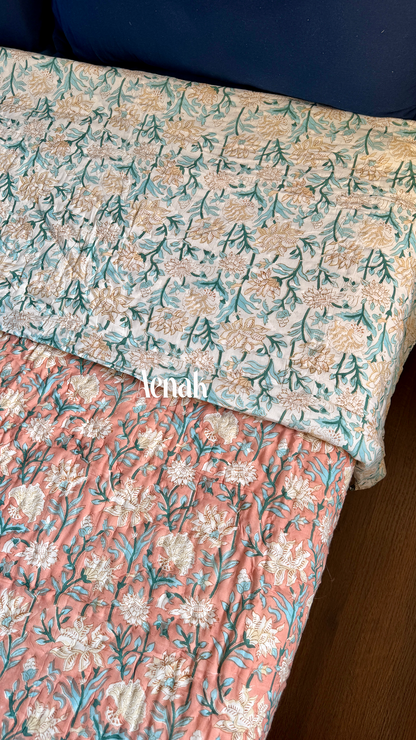 Light Peach Floral Handblock Printed Reversible Mulmul Cotton Quilt