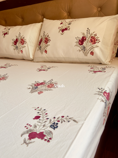 Burgundy Anaar Handblock Printed Premium Cotton Bedsheet Set (Beige Base)