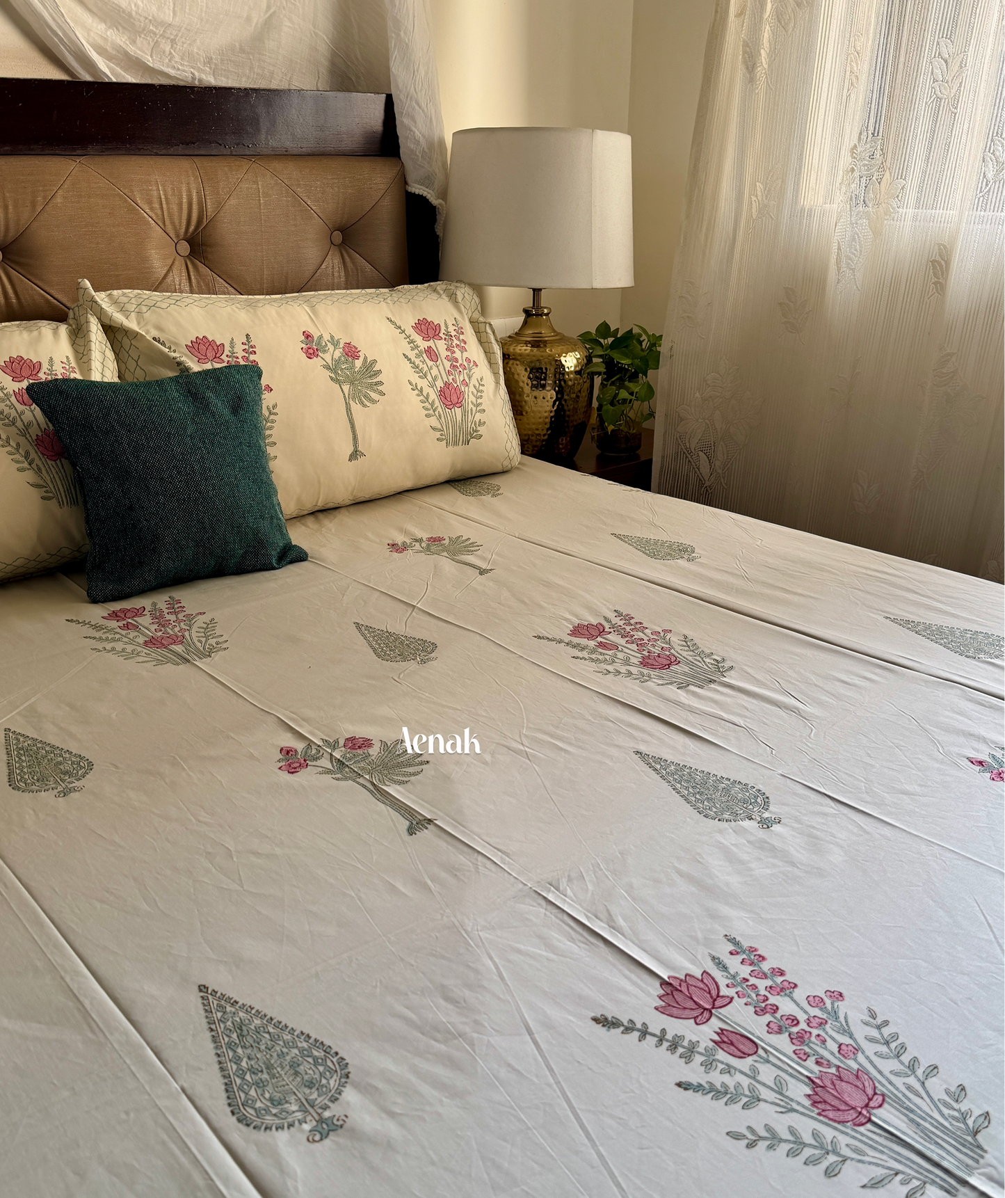 Green Ashoka Handblock Bedsheet + Straight Quilted Bedcover Combo (Beige Base)
