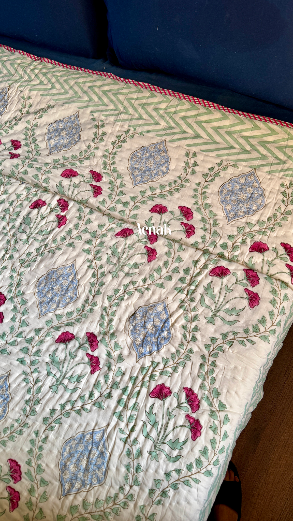 Pink Poppy Handblock Printed Reversible Mulmul Cotton Quilt (Light Beige Base)