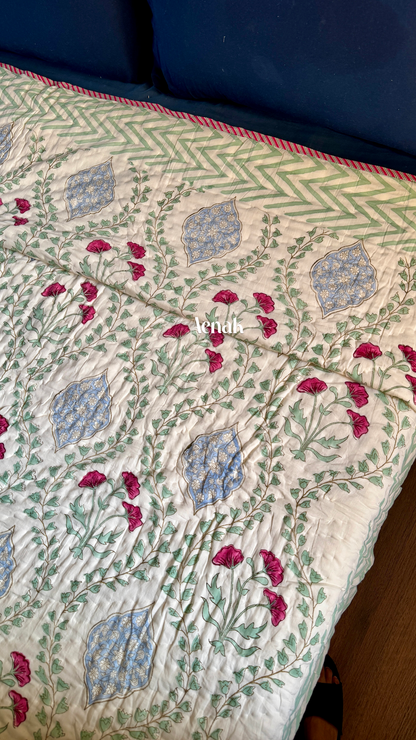 Pink Poppy Handblock Printed Reversible Mulmul Cotton Quilt (Light Beige Base)