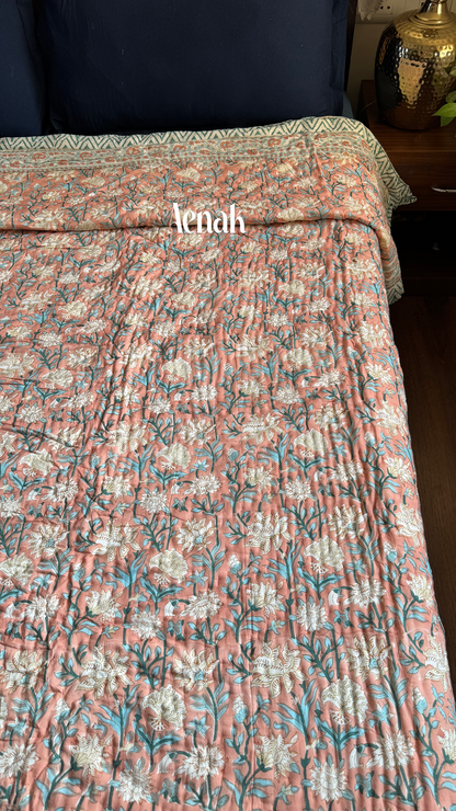 Light Peach Floral Handblock Printed Reversible Mulmul Cotton Quilt