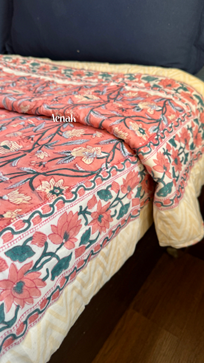Dark Peach Floral Handblock Printed Reversible Mulmul Cotton Quilt