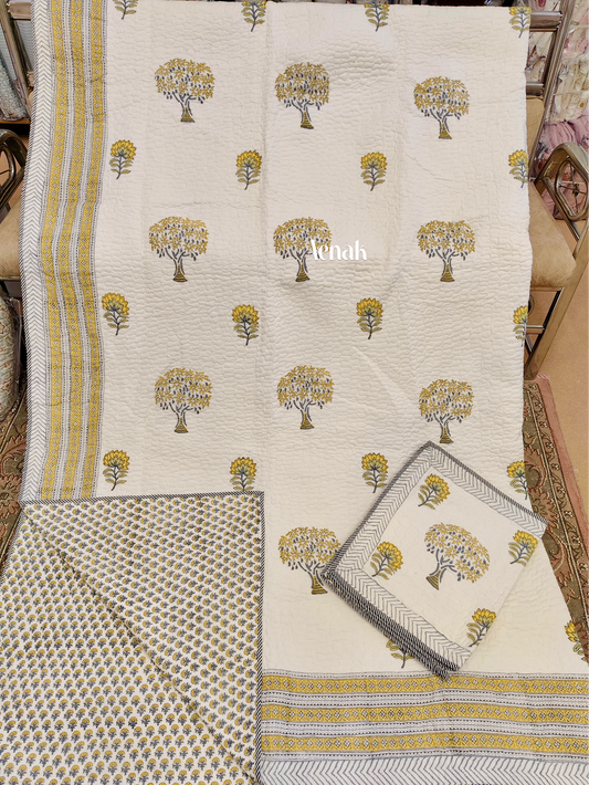 Yellow Bodhi Tree Handblock Printed Reversible Quilted Bedcover -105 x108