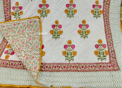 Pink Yellow Floral Boota Handblock Reversible Mulmul Cotton Single Quilt