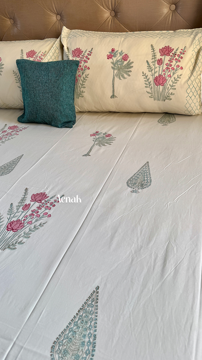 Green Ashoka Handblock Bedsheet + Straight Quilted Bedcover Combo (Beige Base)