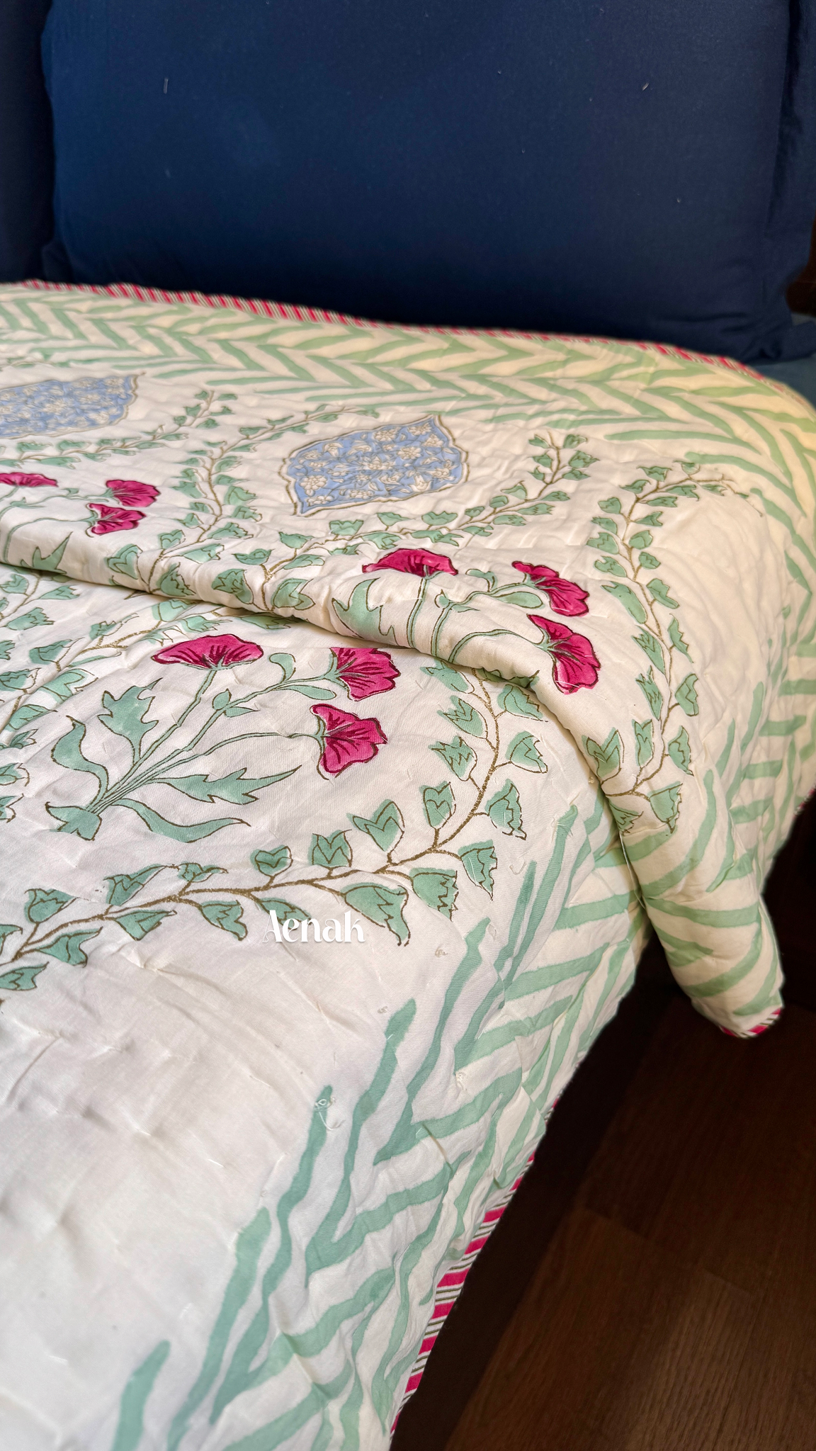 Pink Poppy Handblock Printed Reversible Mulmul Cotton Quilt (Light Beige Base)