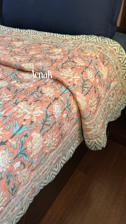 Light Peach Floral Handblock Printed Reversible Mulmul Cotton Quilt