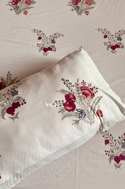 Burgundy Anaar Handblock Printed Premium Cotton Bedsheet Set (Beige Base)