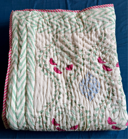 Pink Poppy Handblock Printed Reversible Mulmul Cotton Quilt (Light Beige Base)