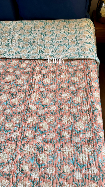 Light Peach Floral Handblock Printed Reversible Mulmul Cotton Quilt