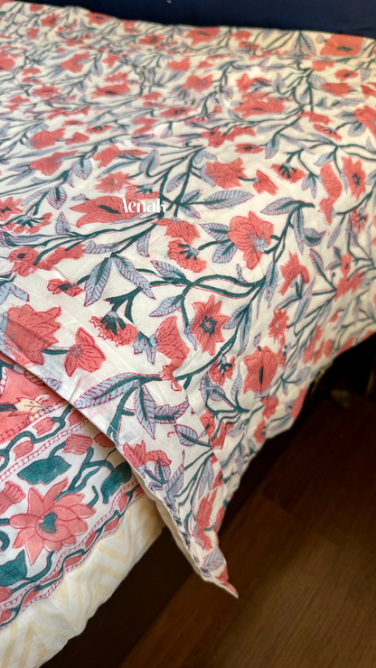 Dark Peach Floral Handblock Printed Reversible Mulmul Cotton Quilt